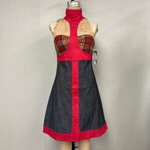 NWT Deadstock 2000s Nuvula High Neck Cut Out Plaid Denim Midi Dress Size Large